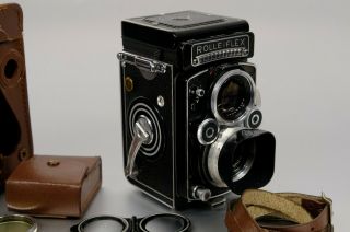 Rolleiflex 3.  5F with case,  strap and filters 8