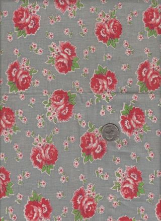 Vintage Feedsack Gray Red Floral Feed Sack Quilt Sewing Fabric 32 X 29