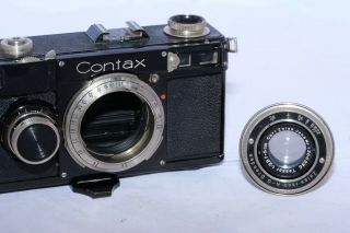 Zeiss Contax I (F) 35mm film camera with 5cm f2.  8 Tessar lens w/case and shade. 11