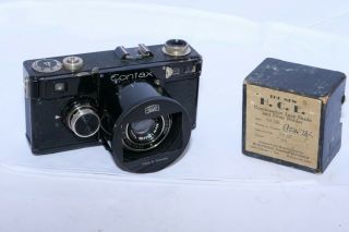 Zeiss Contax I (F) 35mm film camera with 5cm f2.  8 Tessar lens w/case and shade. 2