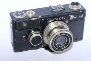 Zeiss Contax I (F) 35mm film camera with 5cm f2.  8 Tessar lens w/case and shade. 3