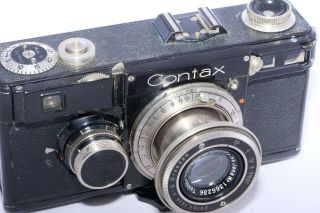 Zeiss Contax I (F) 35mm film camera with 5cm f2.  8 Tessar lens w/case and shade. 7