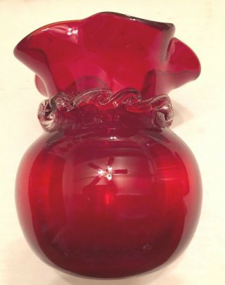 Vintage Red Vase,  Glass,  Hand - Blown,  Clear Rigare,  Ruffled Rim,  Heavy