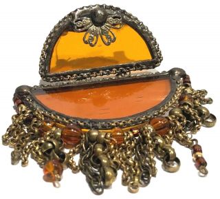 Huge Vintage Artisan Amber Colored Glass Brass Beaded Dangle Brooch Pin