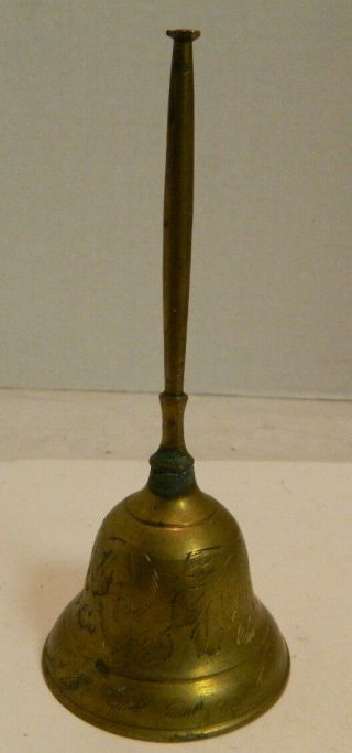 Vintage Etched Brass Hand Bell 6 " X 2.  5 " Brass Handle Tone Cond