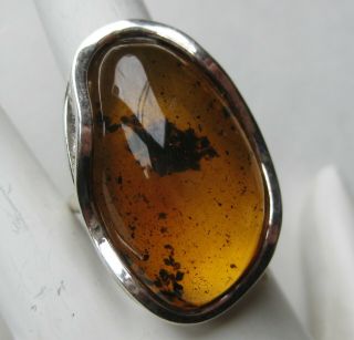 Big Vintage Sterling Silver Baltic Honey Amber Mid Century Modernist Ring