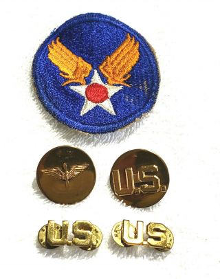 Vintage Wwii Us Air Corp Patch And Brass Uniform Collar Pins Insignia