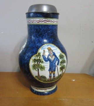 Vintage Hand Painted Delft Lidded Pitcher.  Man In Top Hat