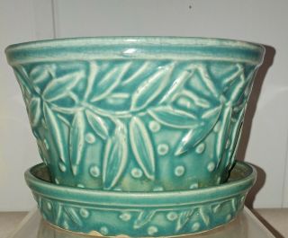 Mccoy Small Vintage Flower Pot Planter With Attached Base Turquoise Blue Green