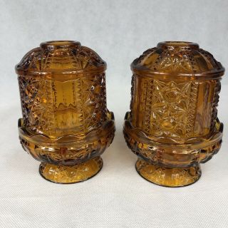 Vintage Indiana Glass Amber Fairy Lamp Stars And Bars Candle Holder (set Of 2)