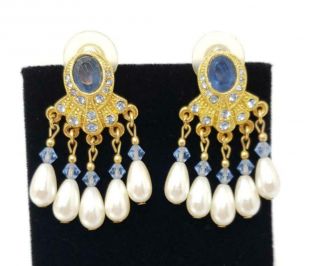 Vintage 1928 Brand Victorian Revival Gold Tone Blue Pearl Fringe Dangle Earrings