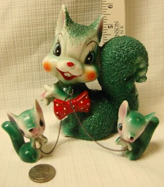 Vintage Green Squirrel Figurine W/ 2 Babies - Japan Animal Collectible