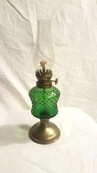 Vintage Green Hobnail Miniature Kerosene Oil Lamp With Globe Metal Base