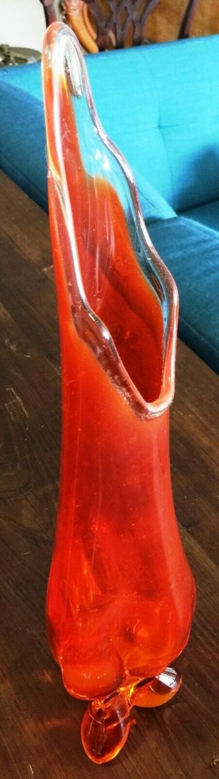 Vintage Mid Century Orange Viking Glass Swung,  3 Toed Footed & Fluted Vase