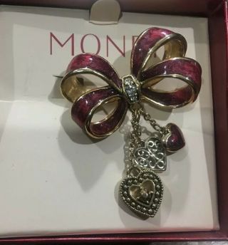 Vintage Jewelry Signed Monet Christmas Bow Dangle Brooch Pin Rhinestone