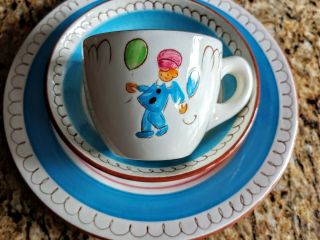 Vintage Stangl Pottery Kiddieware 9 " Blue Carousel Plate Bowl And Cupnumber 5019