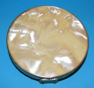 Vintage Cream Faux Mother Of Pearl Stow Away Mirror Make Up Travel Tri - Fold