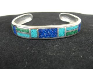 Vintage Lapis & Turquoise Inlay Sterling Silver Cuff Bracelet Marked Coo