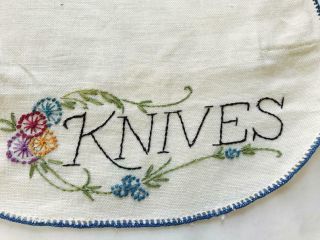 Vintage Embroidered Silverware Knives Linen Storage Roll Anti Tarnish Flannel