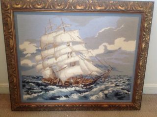 Vintage Finished Needlepoint Large Sail Boat Framed Picture