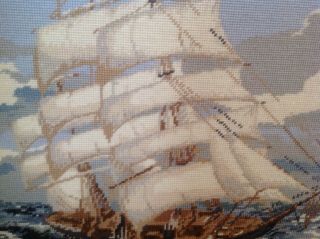 Vintage Finished Needlepoint Large Sail Boat Framed Picture 2