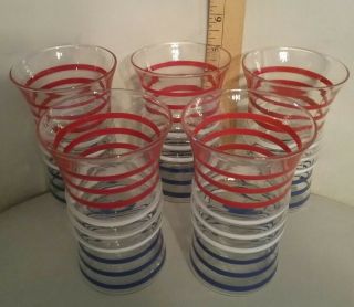 6 Vintage Anchor Hocking Betsy Ross Red White & Blue Striped Ribbed Glasses