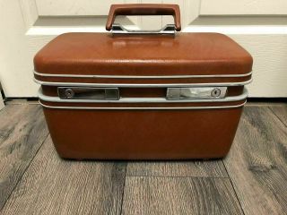 Samsonite Vintage Hard Cosmetic Train Case Brown Complete With Tray & Key