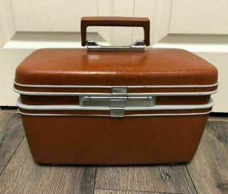 Samsonite Vintage Hard Cosmetic Train Case Brown Complete With Tray & Key 4