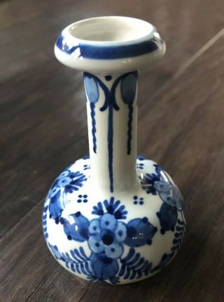Vintage Royal Delft 4” Bud Vase Artist Signed Blue White Hand Painted Floral Pat