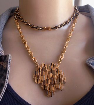 Brutalist Vintage Necklace Mid Century Pendant W/ Long Rope Chain