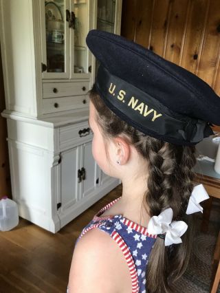 Vintage 1960s ? Us Navy Usn Sailor Flat Hat Cracker Jack Wool Uniform Cap 7 1/8