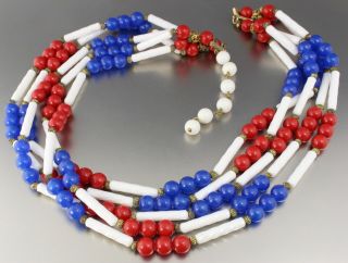 Vintage 50’s Multi 5 Strand Red,  Blue & White Plastic Lucite Bead Necklace