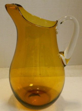 Vintage Amber Art Glass Pitcher With Applied Clear Glass Handle Cond