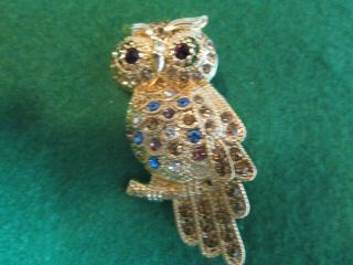 Awesome " Vintage - Like " Owl Brooch Pin - It Is Goldtone And Covered In Rhinestone