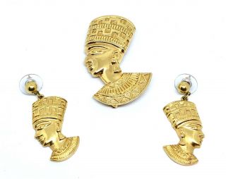 Vintage Gold Tone Avon Egyptian Queen Nefertiti Earrings Brooch Pendant Set