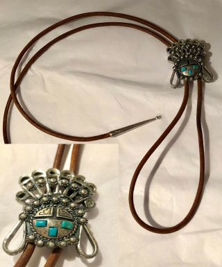 Vintage Navajo Bolo Tie With Blue Turquoise Silver Leather 18” Long.