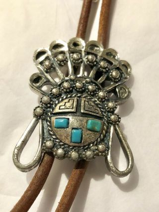 Vintage Navajo Bolo Tie With Blue Turquoise Silver Leather 18” Long. 2