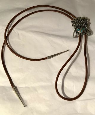 Vintage Navajo Bolo Tie With Blue Turquoise Silver Leather 18” Long. 3