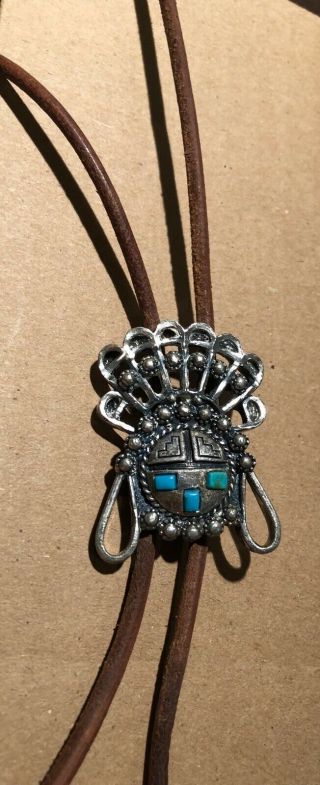 Vintage Navajo Bolo Tie With Blue Turquoise Silver Leather 18” Long. 4