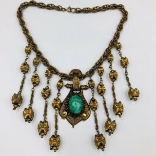 Vintage Brass Tone Green Peking Glass Drippy Dangle Drop Pendant Bib Necklace