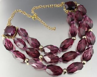 Vintage 70’s Chunky Multi 3 Strand Purple Plastic Bead Necklace