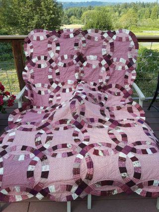 Vintage Hand Stitched Double Wedding Ring Quilt Pinks Mauves 56 X 72