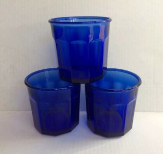 Set 3 Heavy Vtg Cobalt Blue Glass 500 Made In France Mug Cup 3 3/4” H