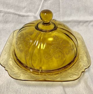 Vintage Federal Depression Amber Glass Butter Dish With Lid Madrid