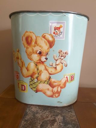 Vtg Green Harvell Metal Waste Basket Trash Can Child Circus Animals Teddy Bear