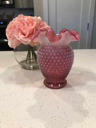 Vintage Fenton Cranberry Opalescent Hobnail Vase 6 "