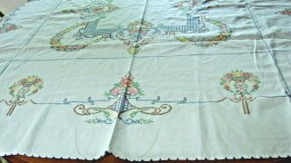 Gorgeous Hand Embroidered Vintage Banquet Size Tablecloth 69 X 84