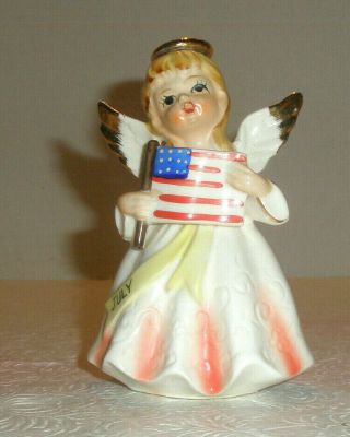 Vintage Napco July Angel Figurine Holds American Flag Wears Sash And Halo