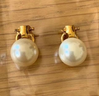 Vintage Christian Dior Clip On Earrings Faux Pearl Gold Metal Accessory