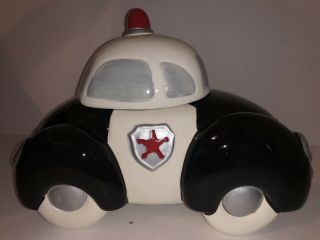 Vintage Police Car Ceramic Black & White Cookie Jar - Red Siren On Top